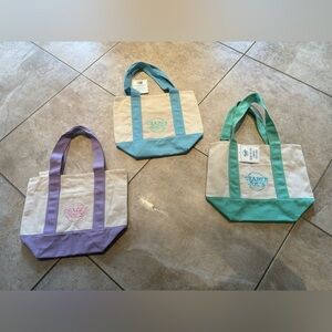 3 Trader Joe's mini pastel canvas tote bag. Color: blue, green and purple.